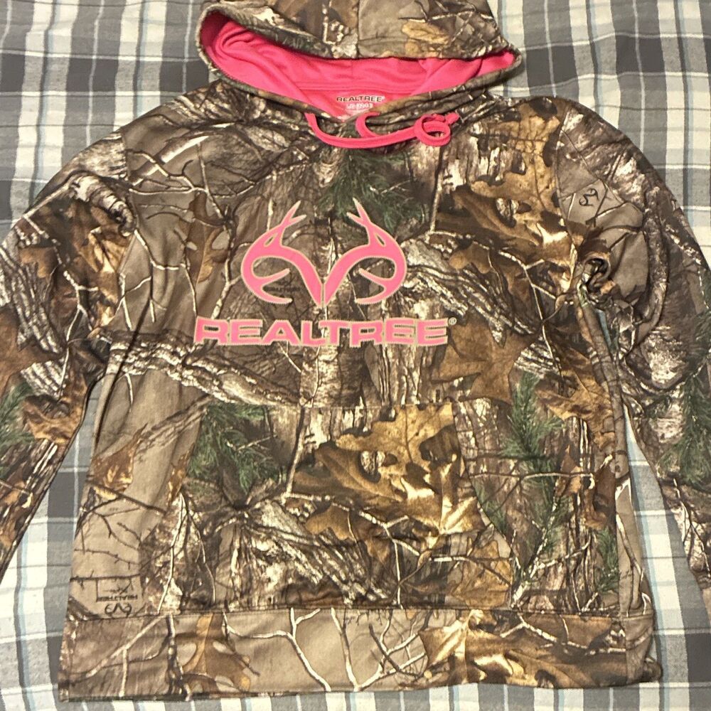 Realtree Girls Camo Pullover Hoodie Pink Logo Hooded Pockets L/G 12-14 Y2K